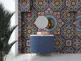 Geometric pattern wallpaper bringing warmth to a dining room with golden hour lighting