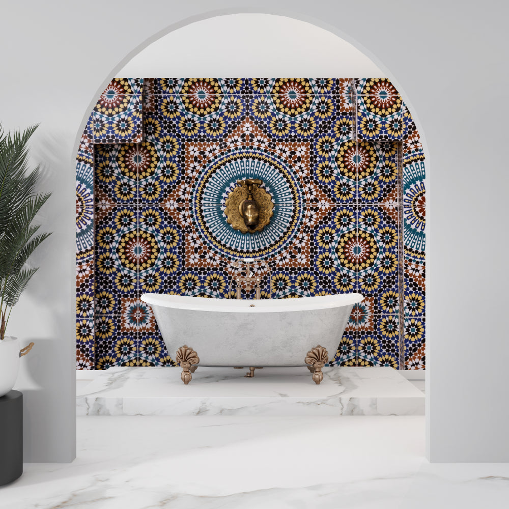 Oriental pattern wallpaper making a statement in a home office with minimalist furniture