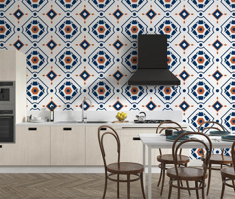 Geometric navy and terracotta wallpaper in modern living room with grey sofa showing pattern scale and room depth