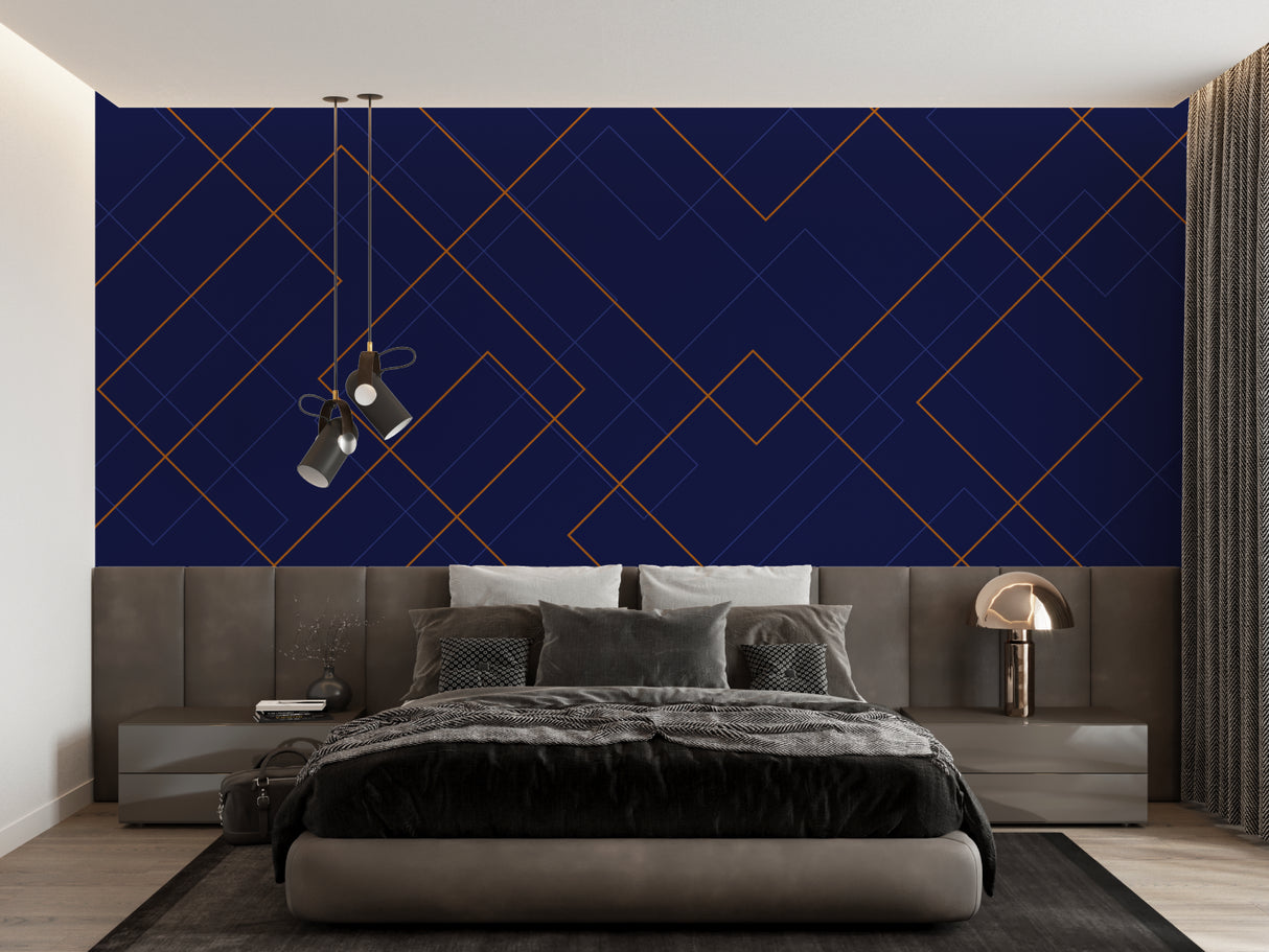 Geometric navy and gold wallpaper creating drama in master bedroom with pendant lights