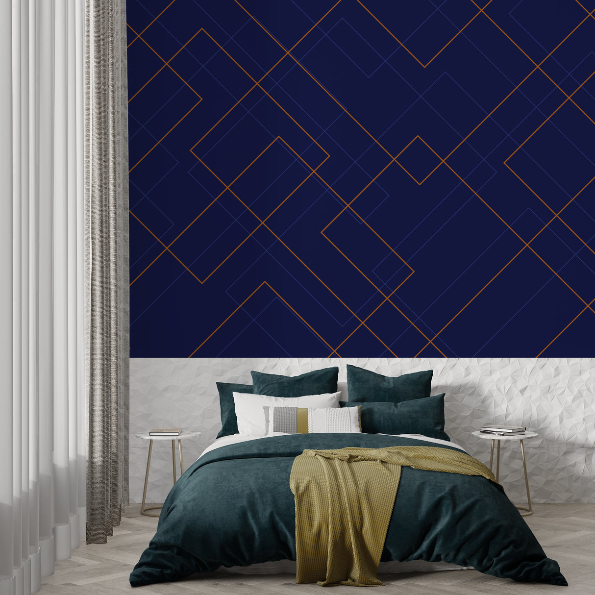 Modern dining room featuring navy geometric wallpaper with gold diamond pattern