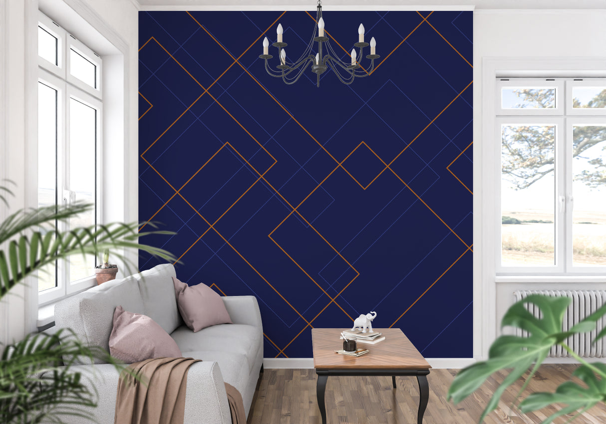 Elegant entryway with navy and gold geometric pattern wallpaper and mirror
