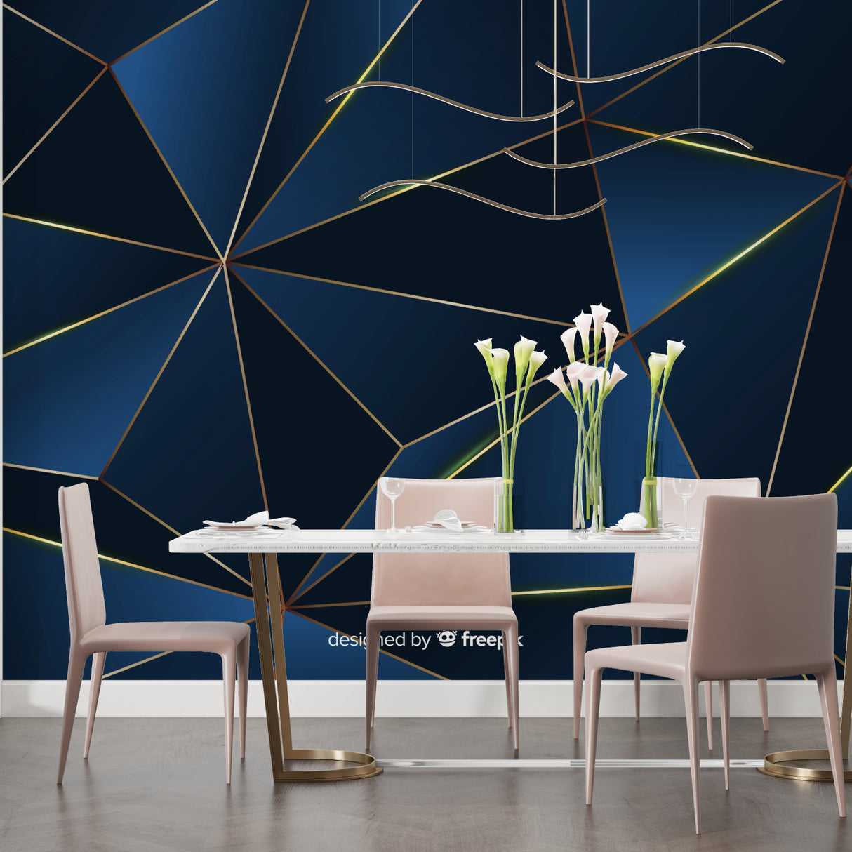 Navy blue geometric wall mural with gold accents in contemporary home office