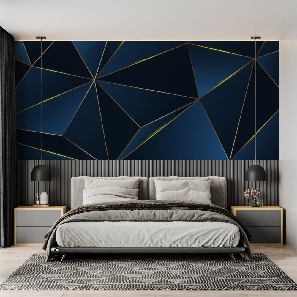 Gold geometric lines on navy background in master bedroom setting