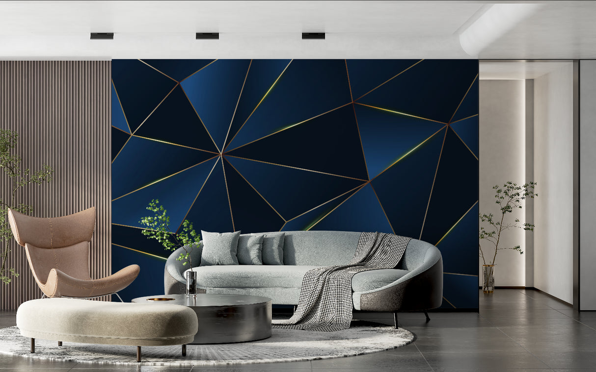 Navy and gold geometric wallpaper adding luxury to entryway