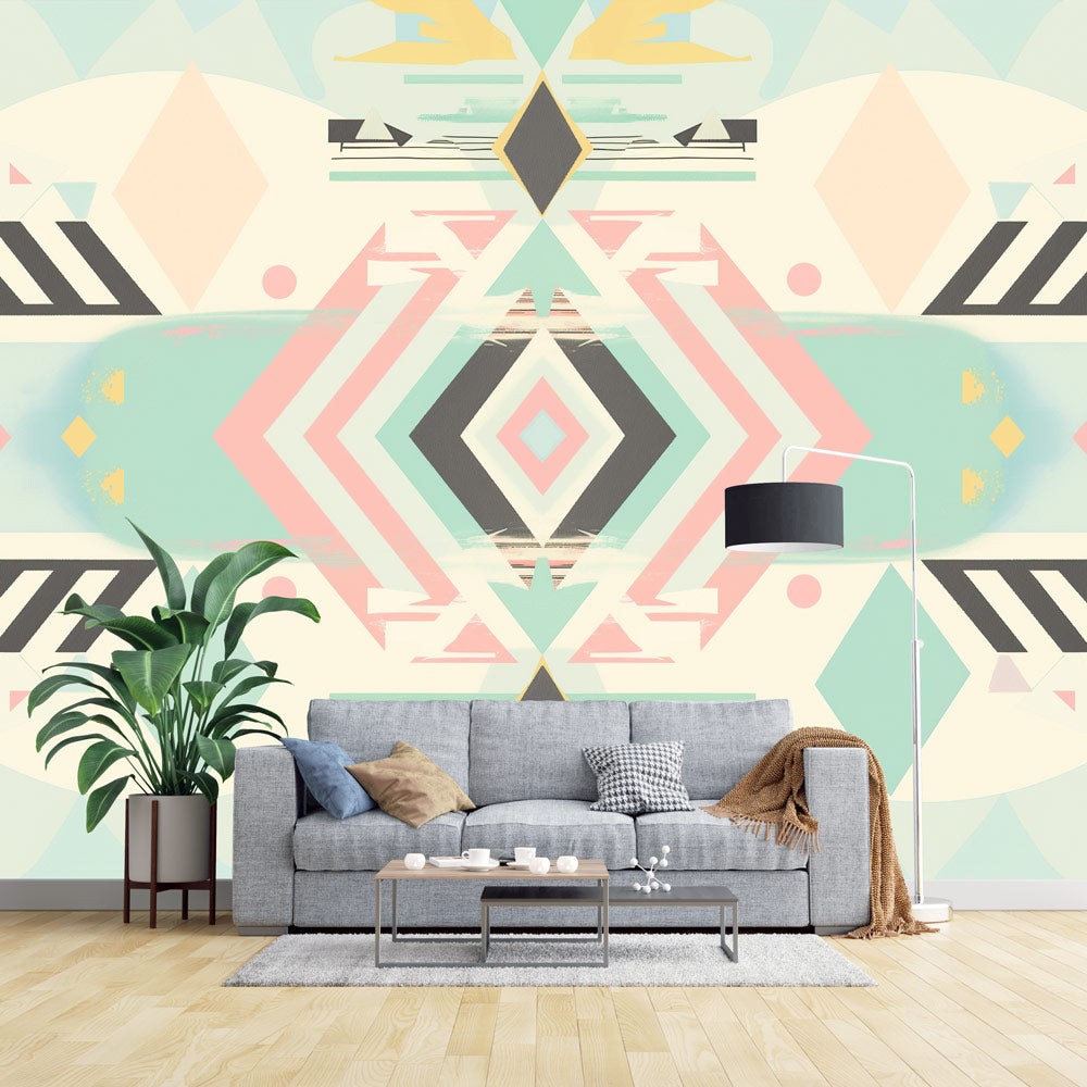 Geometric Art Deco wallpaper in pastel colors bringing modern elegance to a bright living room with minimalist furniture