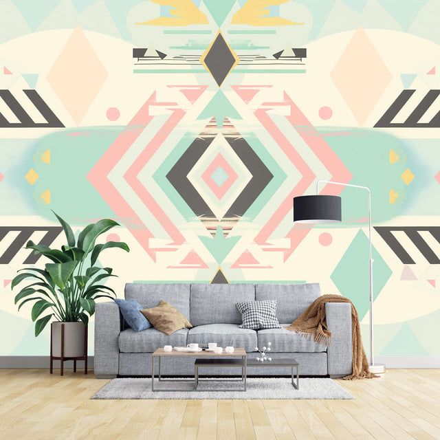 Geometric Art Deco wallpaper in pastel colors bringing modern elegance to a bright living room with minimalist furniture