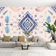 Geometric wallpaper with pastel diamond pattern bringing calm energy to a modern living room with minimalist furniture