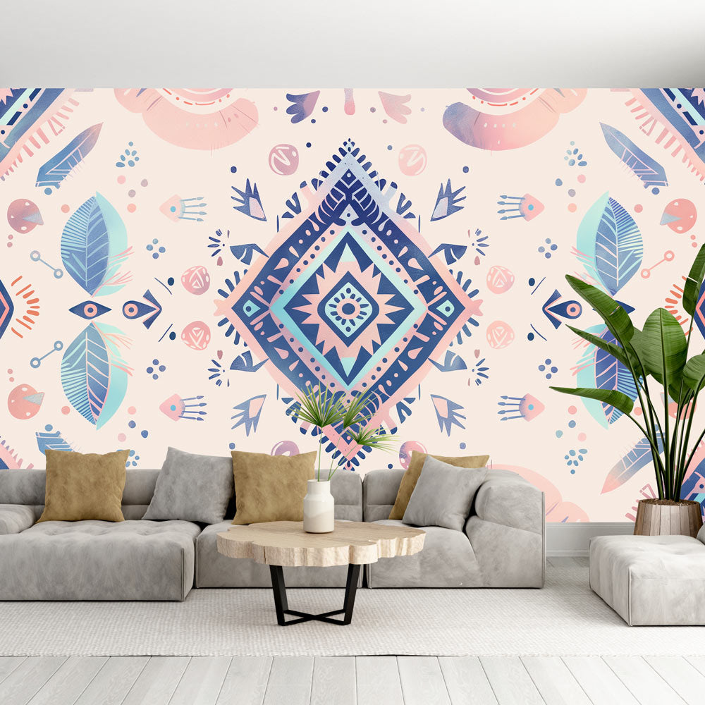 Geometric wallpaper with pastel diamond pattern bringing calm energy to a modern living room with minimalist furniture