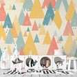 Geometric mountain wallpaper in soft pastels brightening a modern living room, showcasing triangular patterns and soothing colors