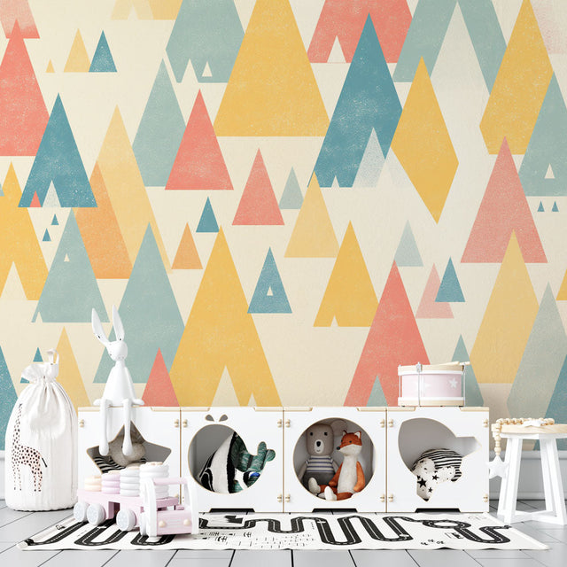 Geometric mountain wallpaper in soft pastels brightening a modern living room, showcasing triangular patterns and soothing colors