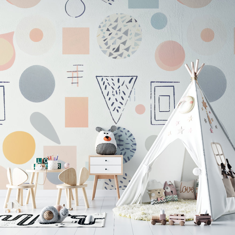 Pastel geometric wallpaper creating a calm atmosphere in a children's playroom
