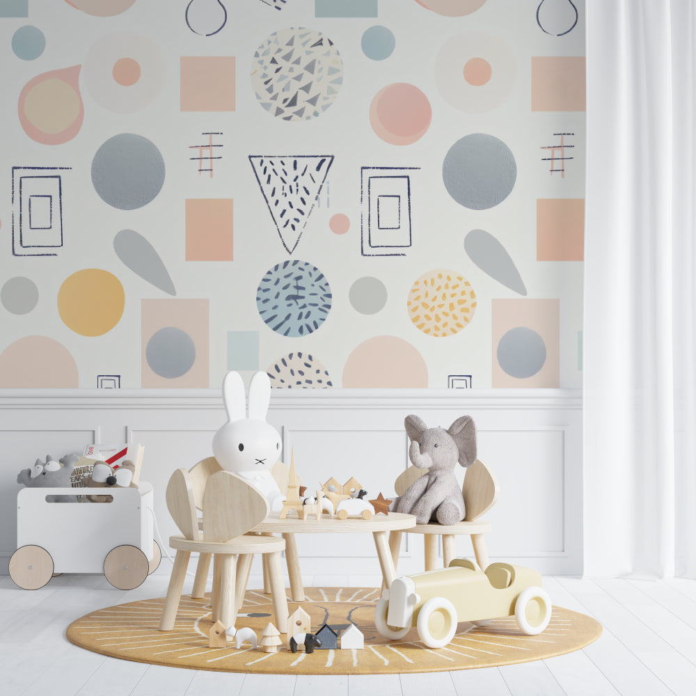 Modern geometric wallpaper with soft shapes decorating a minimal kids bedroom