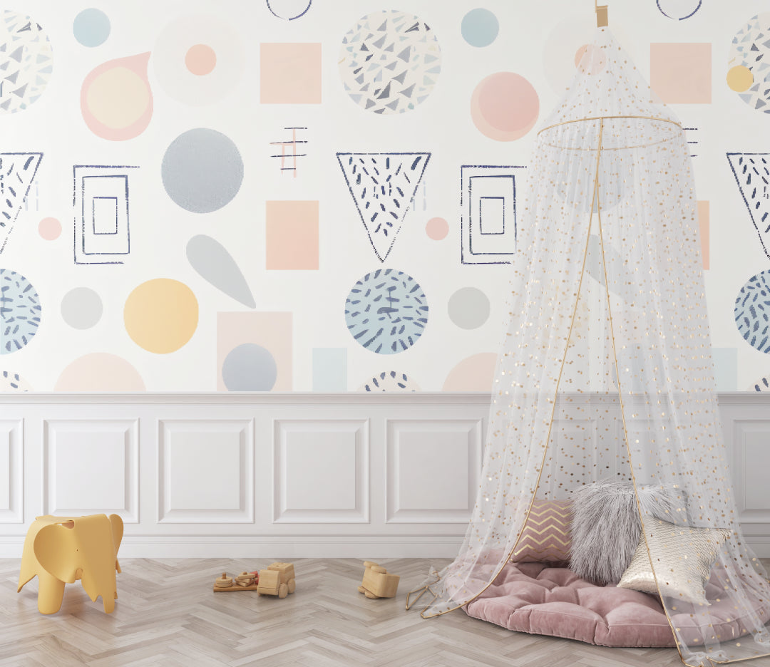 Abstract shapes wallpaper bringing gentle colors to a teen study space
