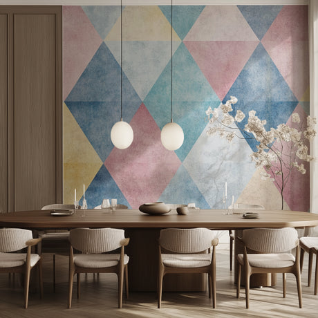 Geometric triangle wallpaper in modern living room with grey sofa and natural light
