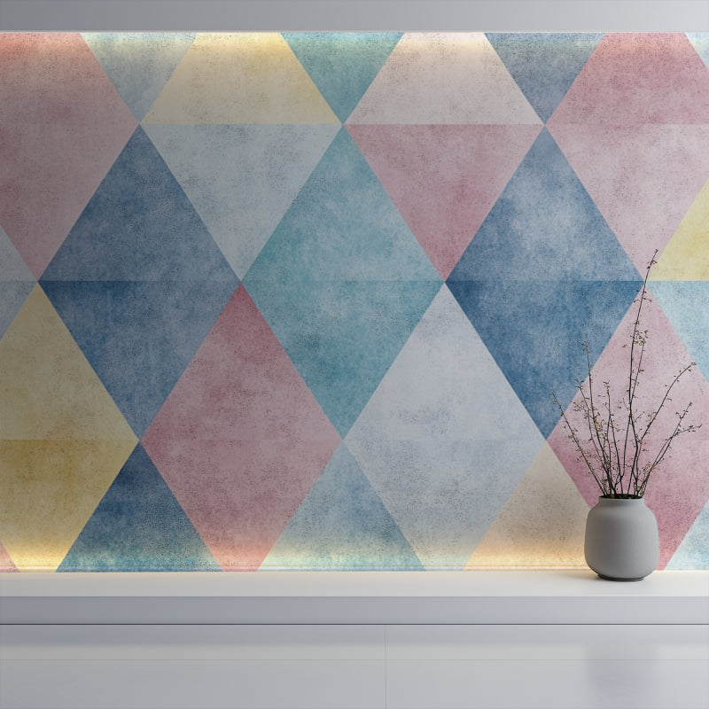 Modern geometric wallpaper in bright bedroom with contemporary furniture