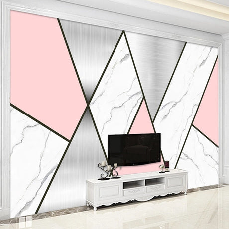 Modern geometric wallpaper with pink and marble design styled in a bright contemporary living room setting