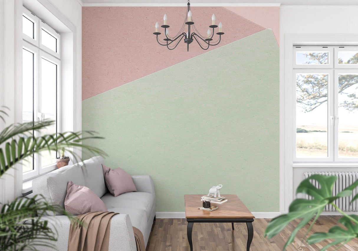 Pink and mint geometric wall mural creating depth in a contemporary bedroom