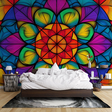 Geometric Mandala Wallpaper creating a stunning focal point in a modern living room with rainbow colors reflecting on white furniture