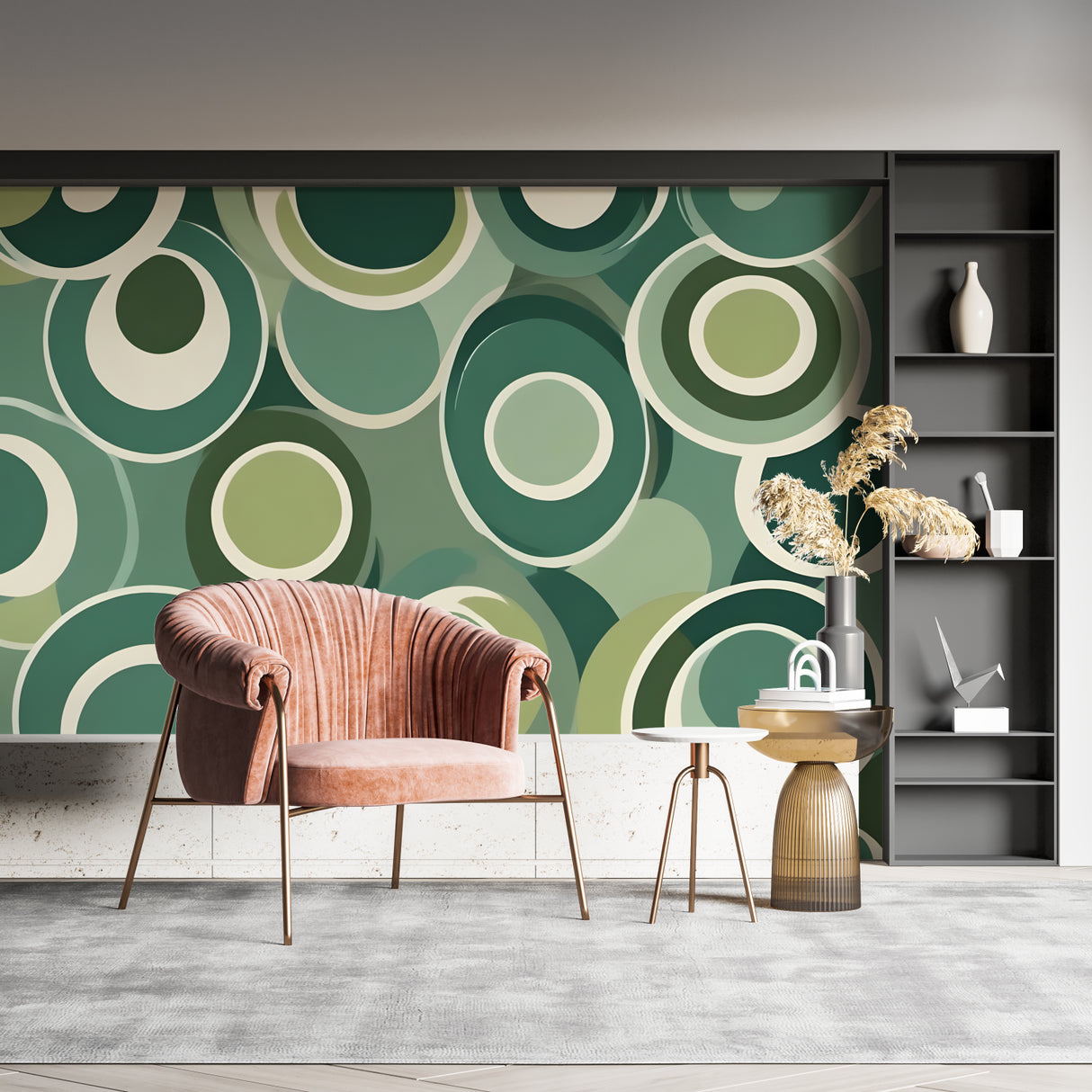 Retro green circle pattern wallpaper in a bright home office space with minimalist desk setup