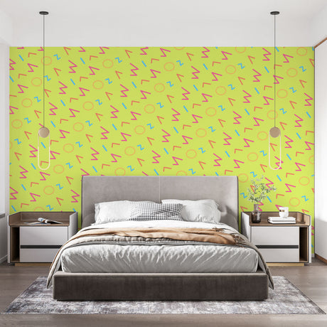 Geometric pattern wallpaper with Memphis design bringing life to a modern home office with white furniture and plants