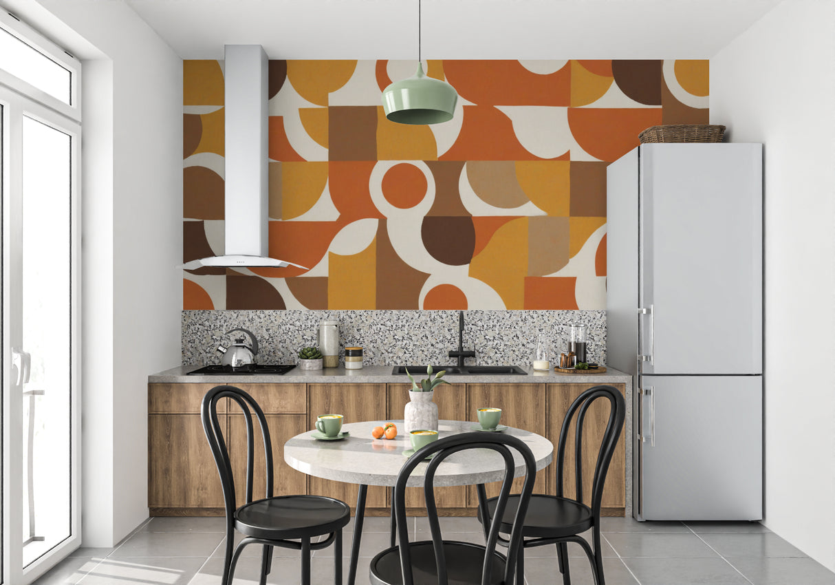 Mid-century modern wallpaper with circles in cozy bedroom setting