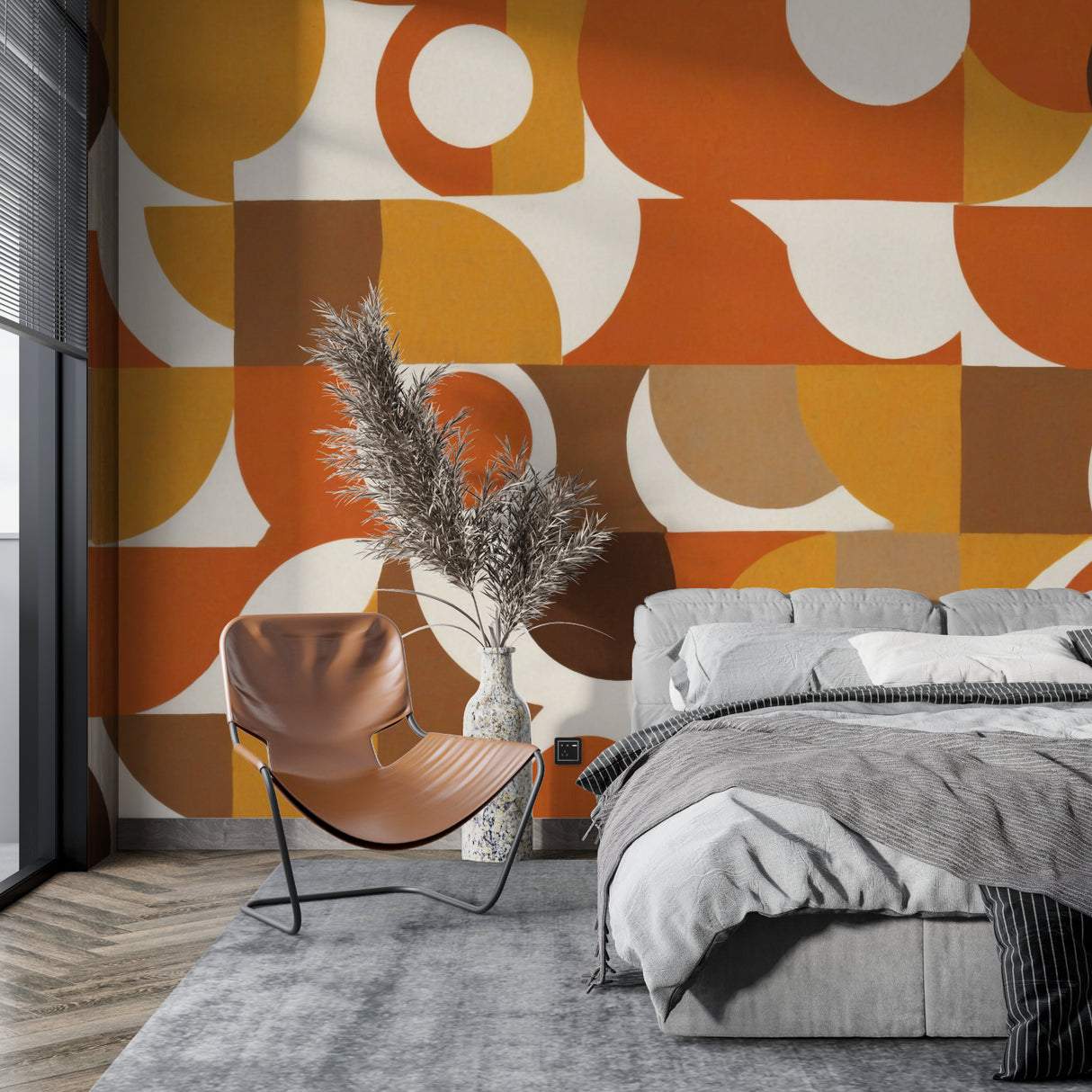 Orange circle pattern wallpaper bringing warmth to hallway space