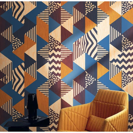 Geometric pattern wallpaper bringing retro charm to a modern living room with blue and orange accents