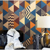 Mid-century geometric wallpaper making a statement in a minimalist home office space