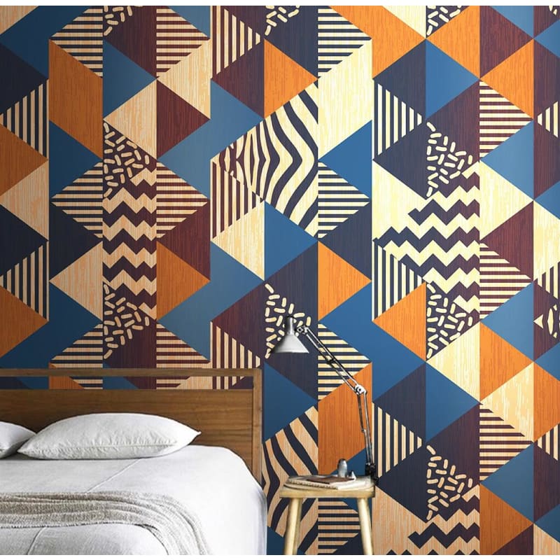 Retro geometric wall mural creating depth in a contemporary dining area