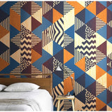 Retro geometric wall mural creating depth in a contemporary dining area