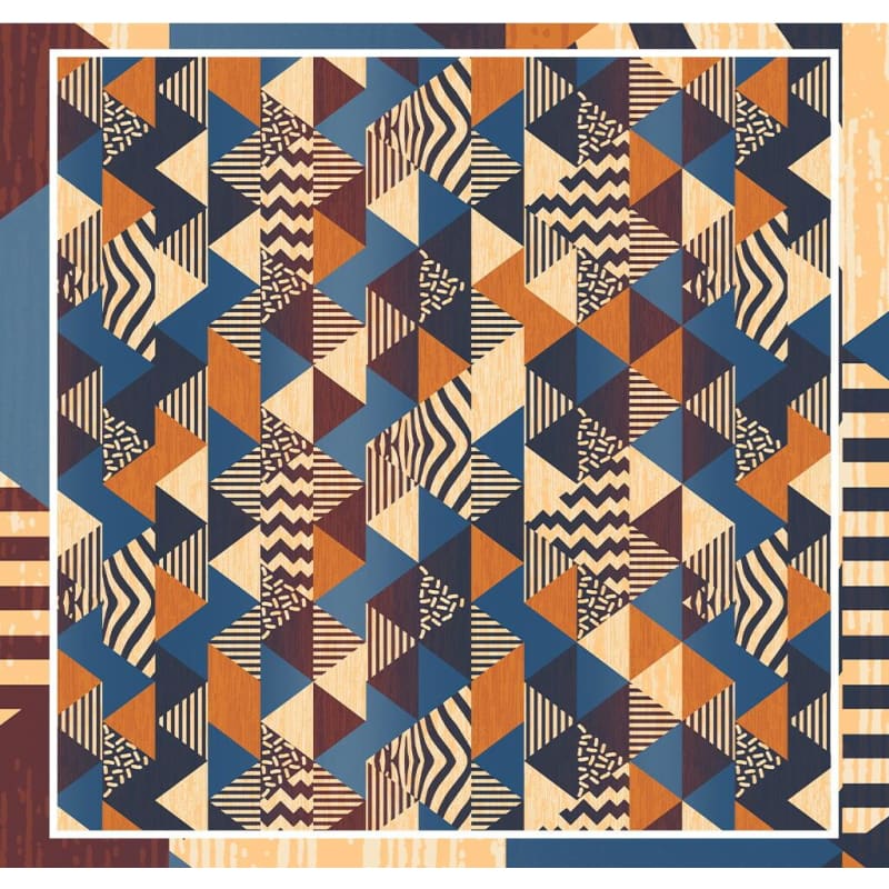 Modern geometric pattern transforming a creative workspace with bold blue and orange design