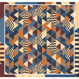 Modern geometric pattern transforming a creative workspace with bold blue and orange design