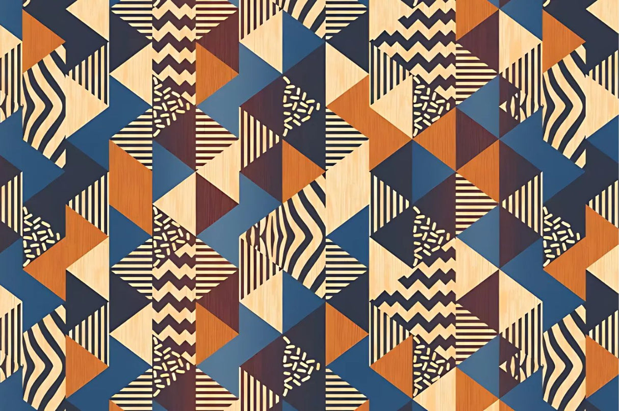 Design file showing detailed geometric pattern with retro-inspired shapes in blue and orange