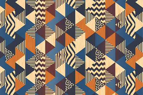 Design file showing detailed geometric pattern with retro-inspired shapes in blue and orange