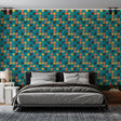 Geometric polka dot wallpaper bringing retro charm to a bright modern living room with mid-century furniture