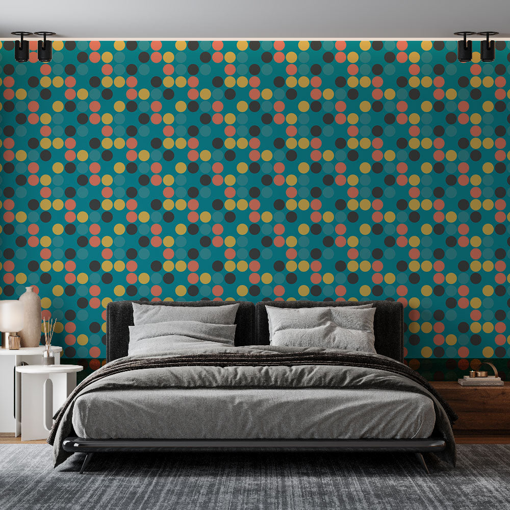 Geometric polka dot wallpaper bringing retro charm to a bright modern living room with mid-century furniture