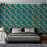 Geometric polka dot wallpaper bringing retro charm to a bright modern living room with mid-century furniture