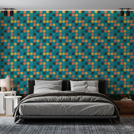 Geometric polka dot wallpaper bringing retro charm to a bright modern living room with mid-century furniture