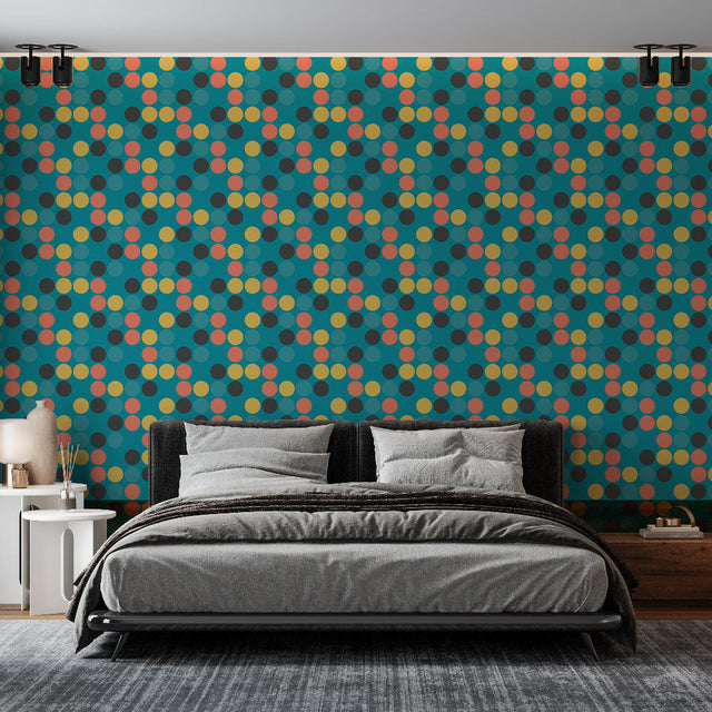Geometric polka dot wallpaper bringing retro charm to a bright modern living room with mid-century furniture
