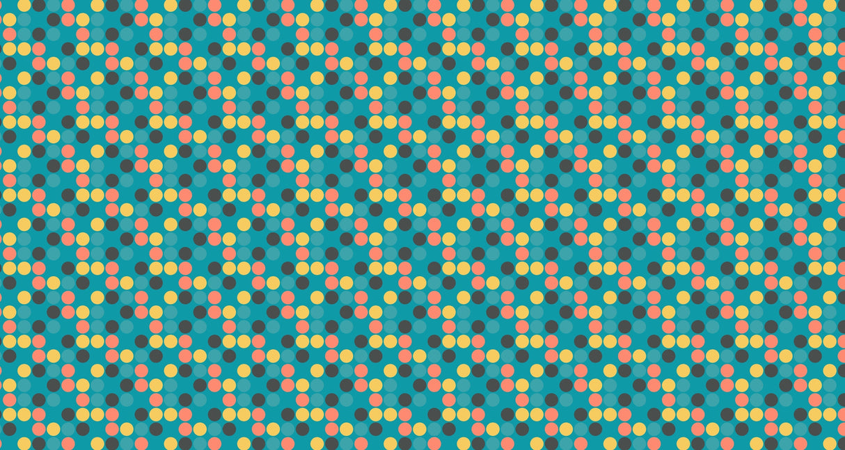 Retro polka dot pattern design file showing detailed coral, yellow and charcoal dots on turquoise background