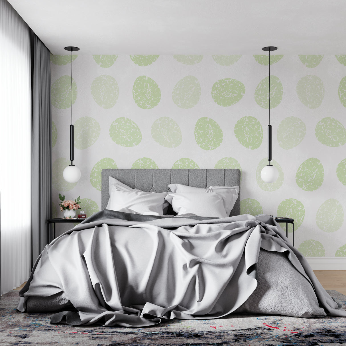 Scandinavian dining room with geometric green circle wallpaper adding subtle visual interest
