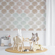 Geometric circle wallpaper in bright modern living room, showing soft pastel pattern creating depth