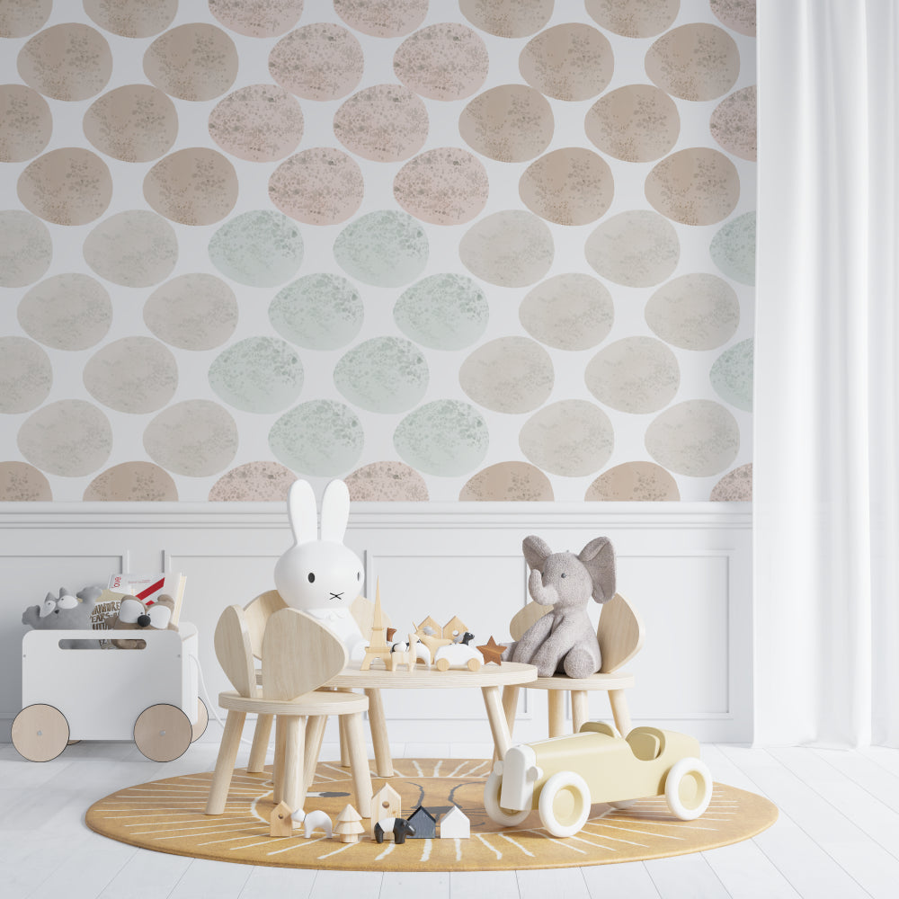 Geometric circle wallpaper in bright modern living room, showing soft pastel pattern creating depth
