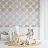Geometric circle wallpaper in bright modern living room, showing soft pastel pattern creating depth