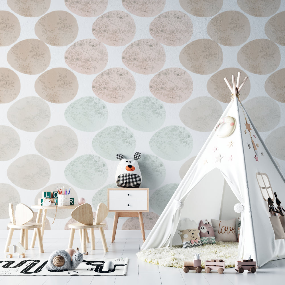 Home office featuring modern geometric circle wallpaper in soft pastel tones