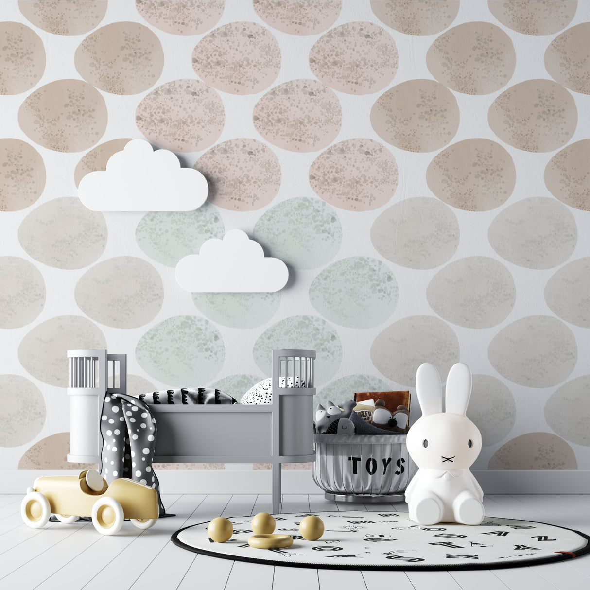 Reading nook with geometric circle wallpaper highlighting the soft pastel color blend