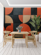 Contemporary dining room with bold geometric circle wall mural