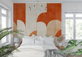 Geometric art deco wallpaper with terracotta arches in modern living room setting