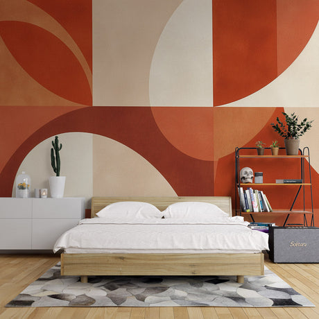 Geometric terracotta wallpaper mural in modern living room with mid-century furniture
